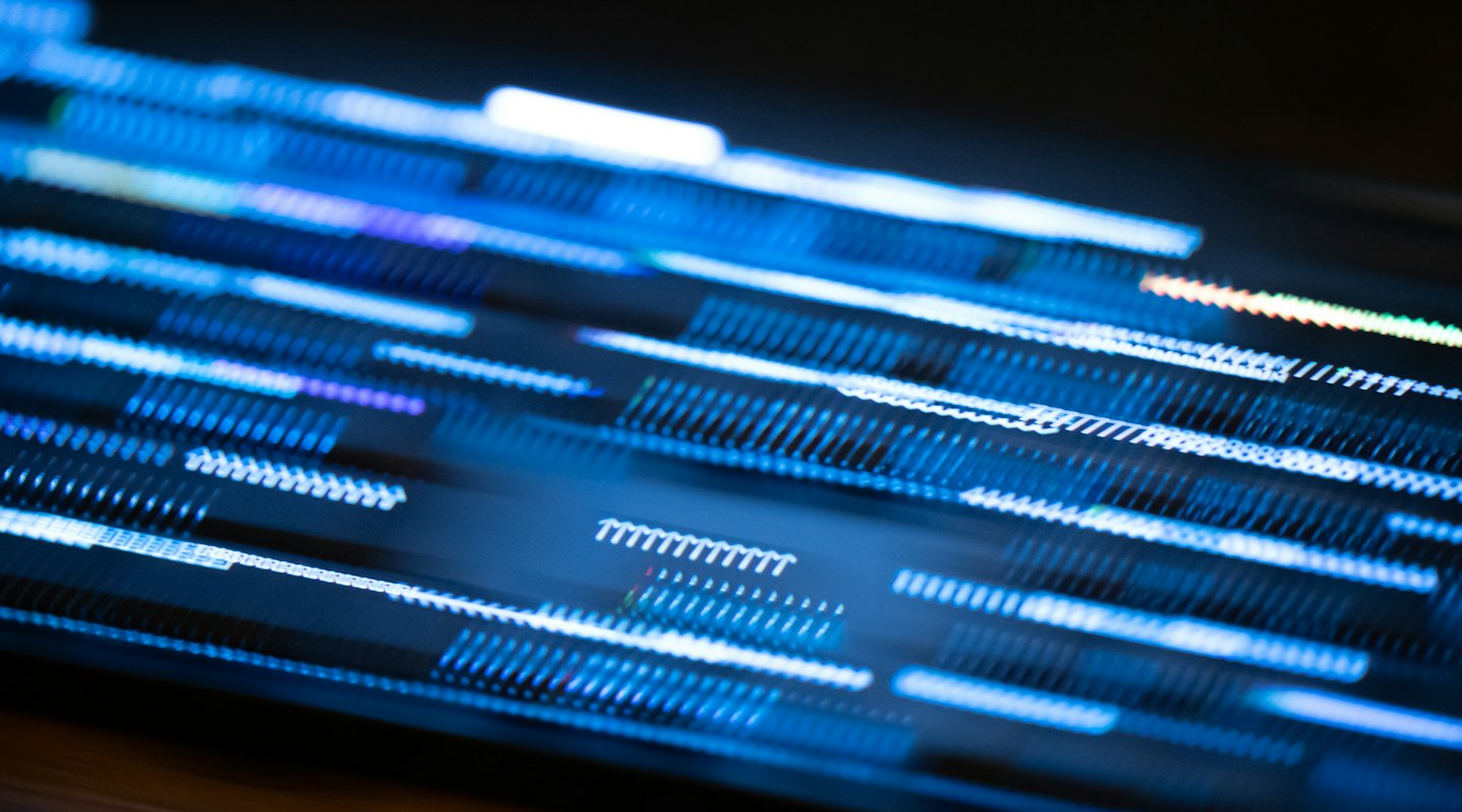 Blaue und weiße Lichtstreifen fließen diagonal auf dunklem Hintergrund.